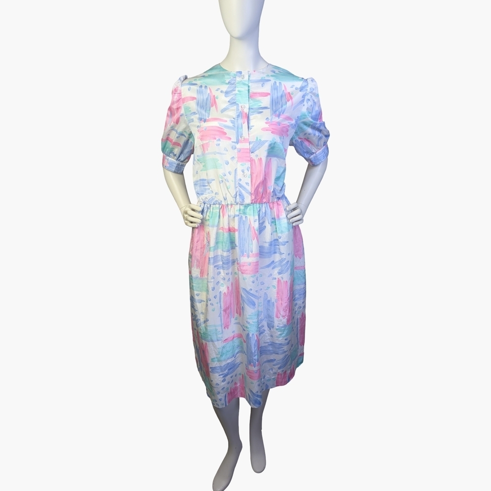 Handmade Pastel Abstract Puff Sleeve Midi Dress | Size Large